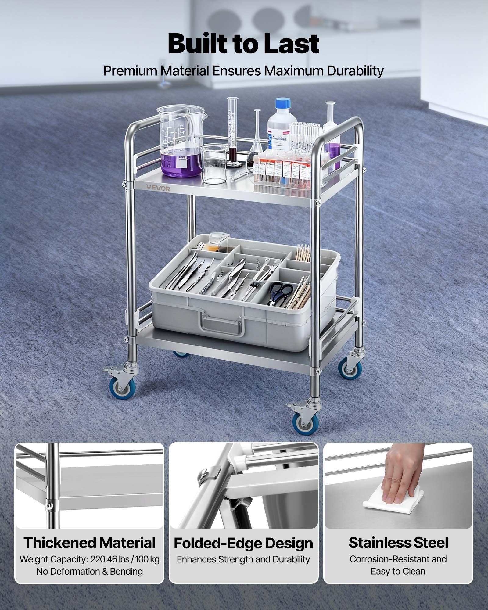 Medical Labs - Stainless Steel Cart, 2-Tier Rolling Lab